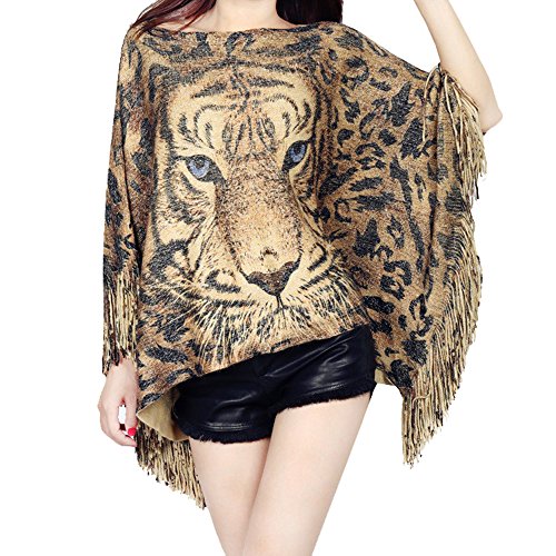 Cheerlife Damen Adler Batwing Fransen Poncho Pullover Strick Cape Umhang Sweater Top Herbst Winter Strickpullover Gelb Tiger von Cheerlife