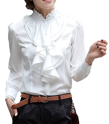 Cheerlife Damen Bluse Langarm Elegant Stehkragen mit Puffärmeln und Volants Rüschung OL Business Slim Fit Chiffonbluse L Weiß von Cheerlife