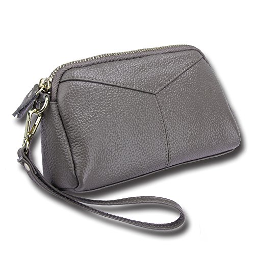 Cheerlife Damen Echt Leder Clutch Tasche Handtasche Abendtasche Handy Geldbeutel Handgelenktaschen mit Reißverschluss (Grau) von Cheerlife