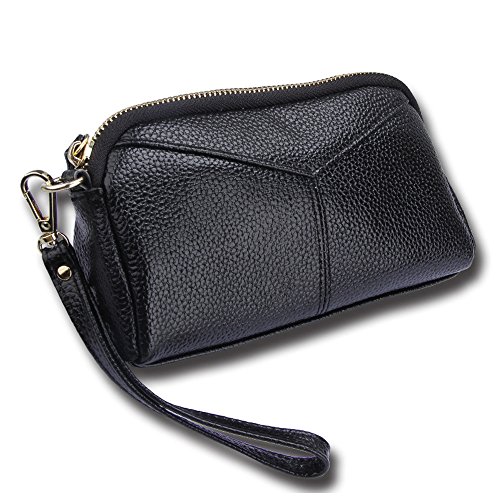 Cheerlife Damen Echt Leder Clutch Tasche Handtasche Abendtasche Handy Geldbeutel Handgelenktaschen mit Reißverschluss (Schwarz) von Cheerlife