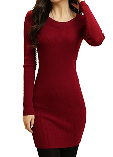 Cheerlife Damen Feinstrick Stretch Strickkleid Minikleid Rundkragen Langarm gestrickter Pulli Pullover Tops Herbst Winter L Weinrot von Cheerlife