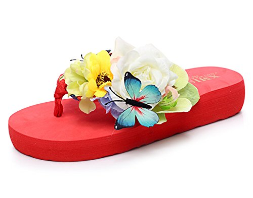 Cheerlife Damen Flach Flip Flops Sandalen Blumen-Schmetterling Strand Sommer Pantoffel Casual Hause Zehentrenner 40 Rot von Cheerlife