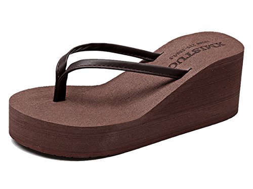 Cheerlife Damen Flip Flops Hoch Absätze Plattform Keilabsatz Zehenriemen Sandalen Strand Casual Sommerschuhe Freizeitschuhe 36 Braun von Cheerlife