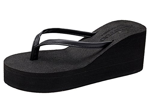 Cheerlife Damen Flip Flops Hoch Absätze Plattform Keilabsatz Zehenriemen Sandalen Strand Casual Sommerschuhe Freizeitschuhe 37 Schwarz von Cheerlife