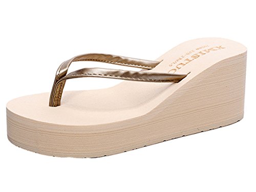 Cheerlife Damen Flip Flops Hoch Absätze Plattform Keilabsatz Zehenriemen Sandalen Strand Casual Sommerschuhe Freizeitschuhe 38 Beige von Cheerlife