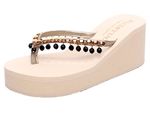 Cheerlife Damen Flip Flops Keilabsatz Zehentrenner Sandalen Perlen Strandschuhe Sommerschuhe Pantoffeln 34 Beige von Cheerlife