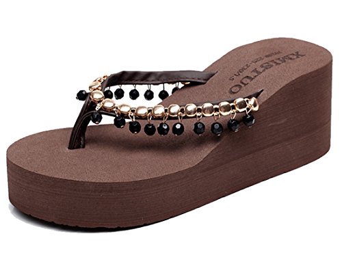 Cheerlife Damen Flip Flops Keilabsatz Zehentrenner Sandalen Perlen Strandschuhe Sommerschuhe Pantoffeln 34 Braun von Cheerlife