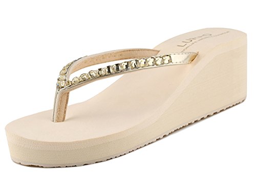 Cheerlife Damen Flip Flops Zehntrenner Pantoletten Keilabsatz Badelatschen Strandschuhe Sommer Casual L Beige von Cheerlife