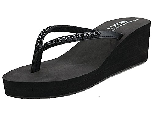 Cheerlife Damen Flip Flops Zehntrenner Pantoletten Keilabsatz Badelatschen Strandschuhe Sommer Casual L Schwarz von Cheerlife