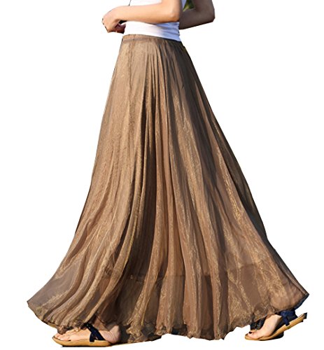 Cheerlife Damen Maxirock Bodenlang Chiffonrock Strandrock Elastisch Bund Faltenrock A-Linie Falten Lang Rock ? 100cm Braun von Cheerlife