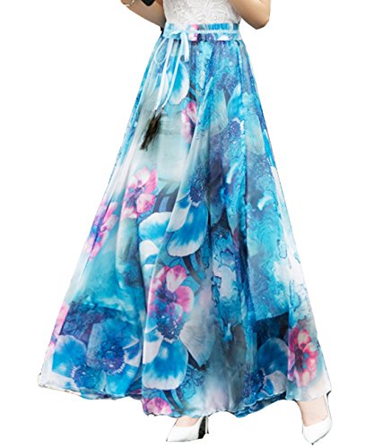 Cheerlife Damen Maxirock Chiffon Rock Lang Festlich Rock Hochzeit Cocktail Langrock Blumenrock Sommerrock Strandrock XL Blau von Cheerlife