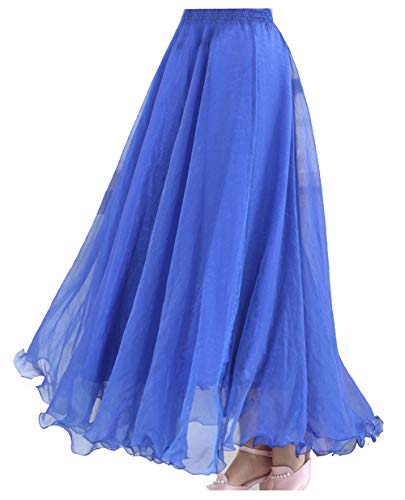 Cheerlife Damen Maxirock Chiffon Rock mit Volant Elastisch Bund Faltenrock Strandrock Lang 100cm Blau von Cheerlife