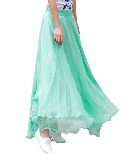 Cheerlife Damen Maxirock Chiffon Rock mit Volant Elastisch Bund Faltenrock Strandrock Lang 100cm Grün von Cheerlife