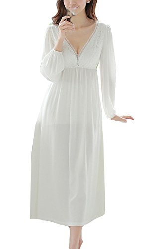 Cheerlife Damen Nachthemd Baumwolle Langarm V-Ausschnitt Spitze Nachtkleid Schlafkleid Nachtwäsche Lang Vintage XL Weiß von Cheerlife
