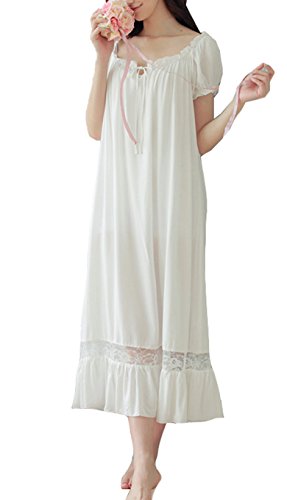 Cheerlife Damen Nachthemd Baumwolle Sleepshirt Kurzarm Nachtkleid Spitze Schlafkleid Negligee Nachtwäsche Lang Vintage M Weiß von Cheerlife