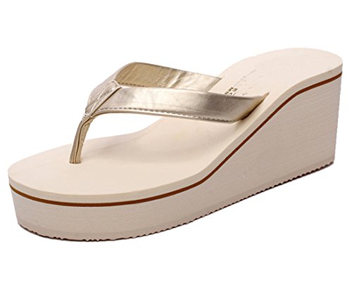 Cheerlife Damen PU-Leder Flip Flops Keilabsatz Zehentrenner Sandalen Strandschuhe Sommerschuhe Pantoffeln 35 Beige von Cheerlife