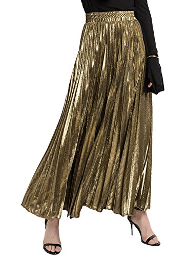 Cheerlife Damen Rock Plissierter Maxi Faltenrock Plisseerock A-Linie Falten metallischen Glanz helle Seide Elastische Taille Lang Rock L Gold von Cheerlife