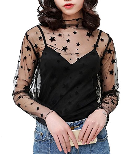 Cheerlife Damen Sexy Perspektive Schwarze Stehkragen Langarm-Mesh-Shirt Top Tunika Hemd Club Abend Spitze Shirt Sterne von Cheerlife