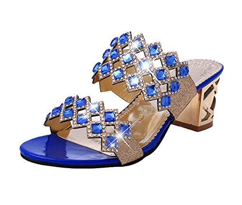 Cheerlife Damen Sommer Blockabsatz Strass Abend Pantoletten Sandalen Badelatschen Größe Peep Toe 39 Dunkelblau von Cheerlife