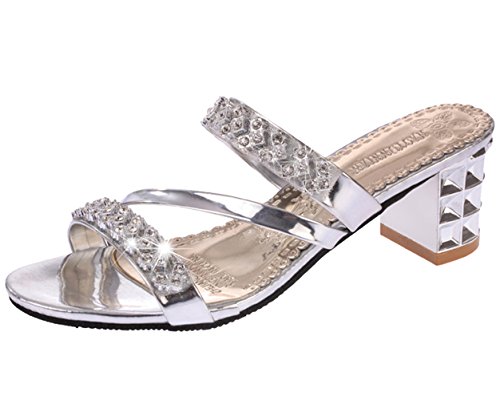 Cheerlife Damen Sommer Blockabsatz Strass Abend Pantoletten Sandalen Sandaletten Badelatschen Größe Peep Toe Schuhe 40 Silber von Cheerlife