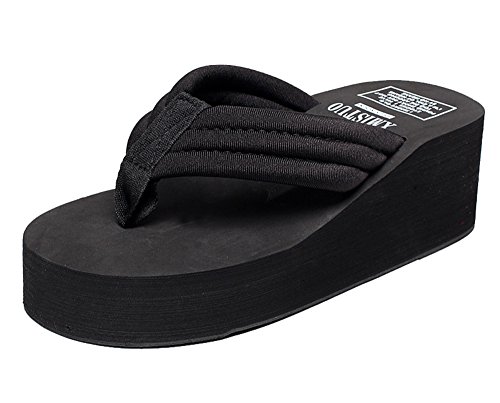 Cheerlife Damen Sommerschuhe Keilabsatz Sandalen High Heel Peep Toe Strandschuhe Casual Pantoffeln Badelatschen Größe 34 gepunkt Schwarz von Cheerlife