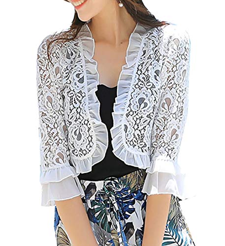 Cheerlife Damen Spitze Bolero Shrug Kurzarm Achselzucken Cardigan Jäckchen mit Perlen/Blumen für Abendkleid Cocktailkleid L Weiß von Cheerlife