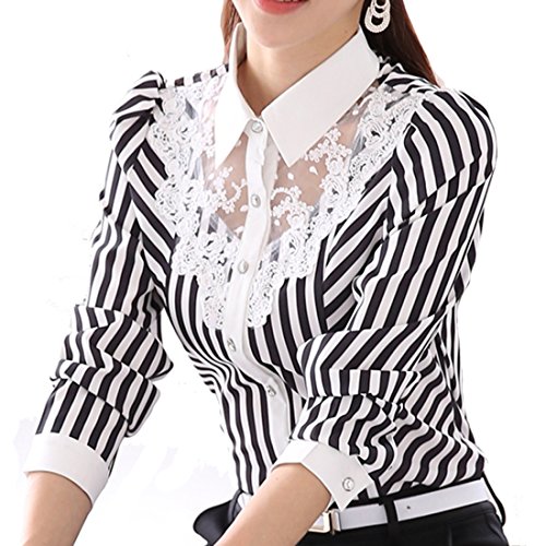 Cheerlife Damen Streifen Bluse mit Spitze Langarmshirt Spitzenshirt Top Shirt Tunika Hemd Slim Fit OL Business 2XL Weiß von Cheerlife