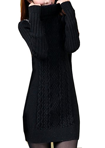 Cheerlife Damen Winter Strickkleid Rollkragen Pullover dehnbar Kleid Langarm Strickpullover Feinstrick Kleid M Schwarz von Cheerlife