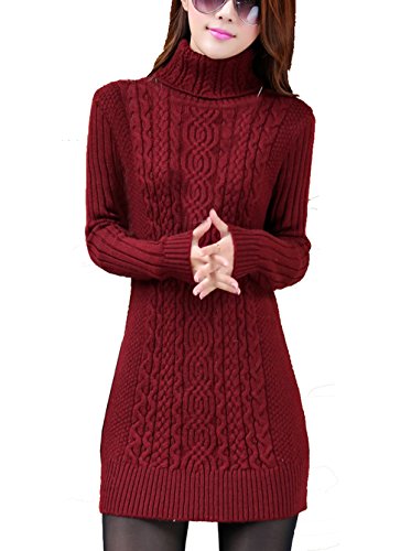 Cheerlife Damen Winter Strickkleid Rollkragen Pullover dehnbar Kleid Langarm Strickpullover Feinstrick Kleid XL Weinrot von Cheerlife