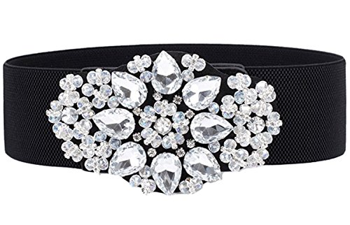 Cheerlife Damengürtel Blumen mit Strass Breiter Gürtel Belt Stretchgürtel Elastischer Gürtel Taillengürtel Kleidgürtel Gürtelbund Hüftgurt Weiß von Cheerlife