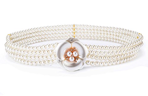 Cheerlife Damengürtel Schnalle mit Perlen Strasssteine Stretchgürtel Taillengürtel Hüftgurt elastischer Gürtel Breiter Kleidgürtel drei Blumen von Cheerlife