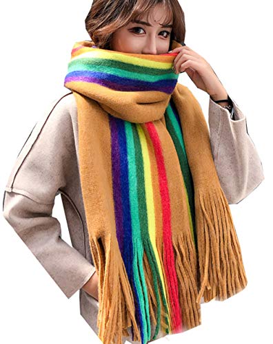 Cheerlife Damenschal Regenbogen Schal Halstuch Warmer Strickschal Herbst Winter Schal Tuch 200 * 55CM Gelb von Cheerlife