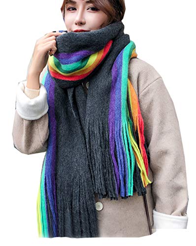 Cheerlife Damenschal Regenbogen Schal Halstuch Warmer Strickschal Herbst Winter Schal Tuch 200 * 55CM Schwarz-Grau von Cheerlife