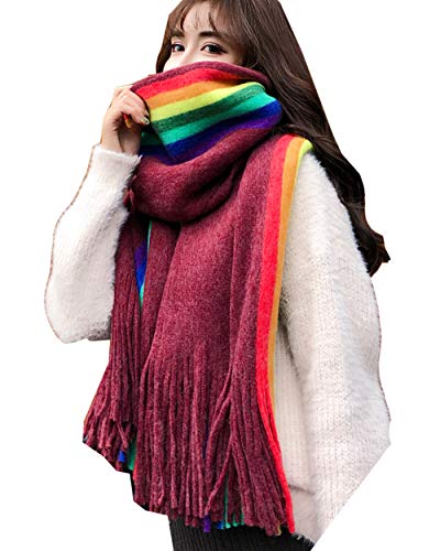 Cheerlife Damenschal Regenbogen Schal Halstuch Warmer Strickschal Herbst Winter Schal Tuch 200 * 55CM Weinrot von Cheerlife