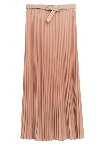 Cheerlife Elastische Taille Damen Rock Plissierter Faltenrock Plisseerock A-Linie Falten Lang Rock mit Gürtel Rosa von Cheerlife