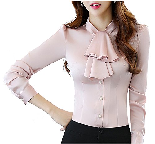 Cheerlife Elegant Damen Langarm Bluse mit Rüschen Volants Hemdbluse Slim Fit OL Business Oberteil Tunika 2XL Rosa von Cheerlife