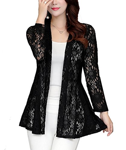 Cheerlife Elegante Damen Spitze Bolero Cardigan Langarm Bolerojacke Spitzenblumen Spitzenjacke Sommer Spitzebolero Frühling Strickjacke 5XL Schwarz von Cheerlife