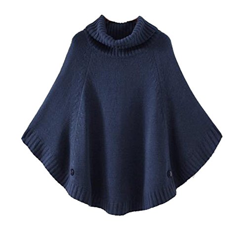 Cheerlife Mädchen Damen Strick Poncho Cape Rundhals/Rollkragen Pullover Strickpullover Strickponcho Grobstrick Fledermaus Pulli Sweater Top (Dunkelblau) von Cheerlife