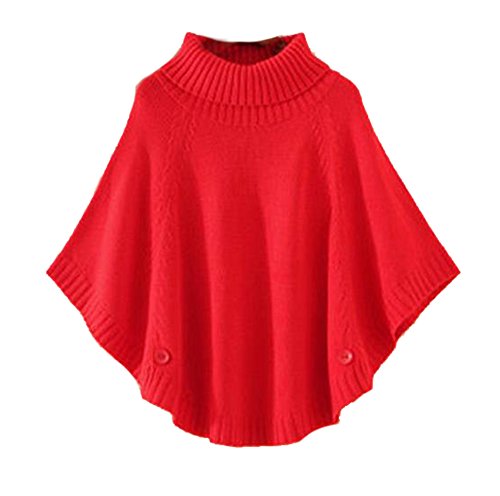 Cheerlife Mädchen Damen Strick Poncho Cape Rundhals/Rollkragen Pullover Strickpullover Strickponcho Grobstrick Fledermaus Pulli Sweater Top (Rot) von Cheerlife