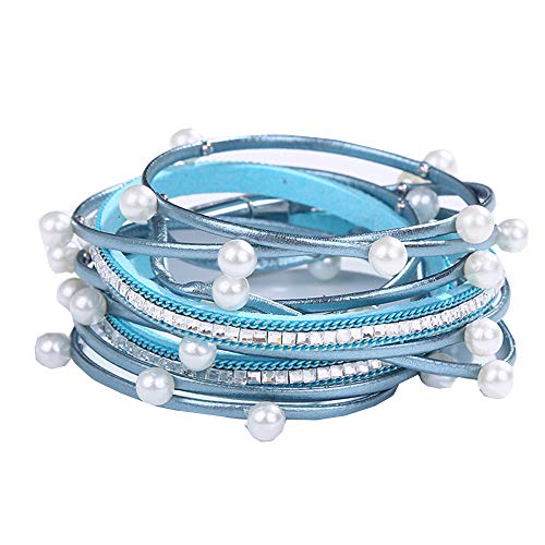 Cheerlife Mehrschichtig Leder Wickelarmband künstliche Perlen Mädchen Damen Party Kleid Zubehör Magnetverschluss Armband (Blau+Perlen) von Cheerlife