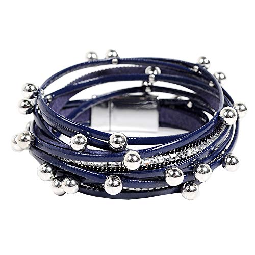 Cheerlife Mehrschichtig Leder Wickelarmband künstliche Perlen Mädchen Damen Party Kleid Zubehör Magnetverschluss Armband (Dunkelblau) von Cheerlife