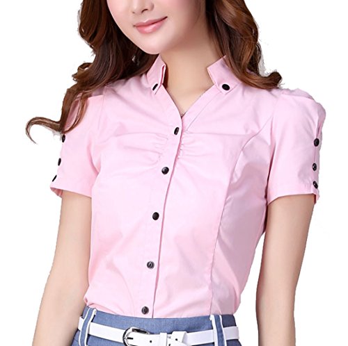 Cheerlife Sommer Damen Bluse Kurzarm V-Ausschnitt Hemdblusen Hemd Slim Fit OL Business Tunika Oberteil L Rosa von Cheerlife