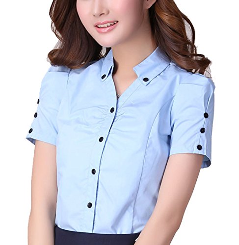 Cheerlife Sommer Damen Bluse Kurzarm V-Ausschnitt Hemdblusen Hemd Slim Fit OL Business Tunika Oberteil S Blau von Cheerlife
