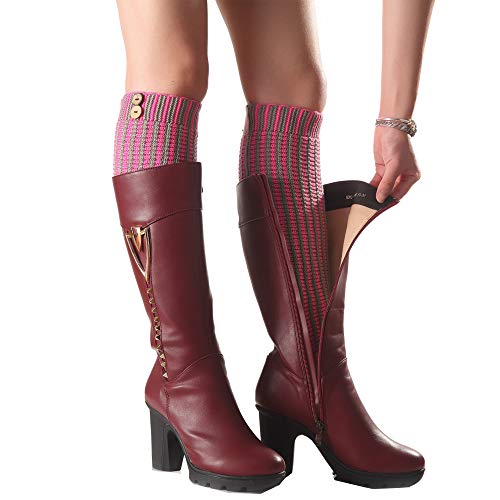 Cheerlife Streifen Gestrickt Häkeln Stulpen Stiefel Beinstulpen mit zwei Knopf Deko Knie Socken Winter Herbst warme Beinwärmer (Rosa) von Cheerlife