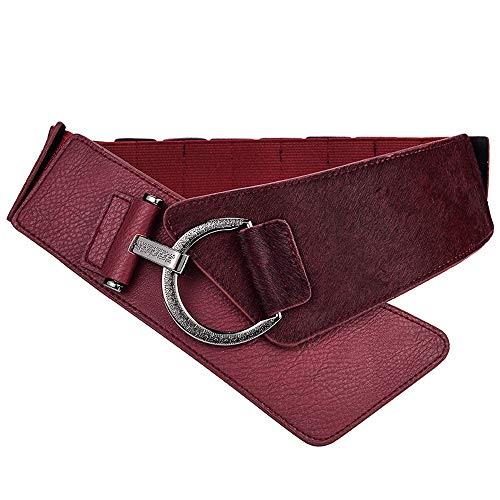 Cheerlife elastischer breiter Damen Stretchgürtel Taillengürtel mit Gummizug Vintage Gürtel aus Leder und Pferdehaar (Weinrot) von Cheerlife