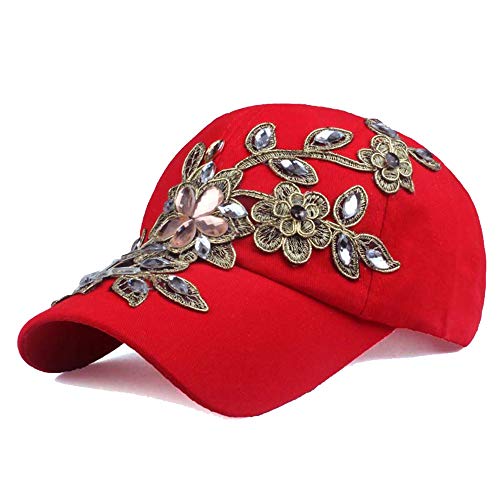 Cheerlife Basecap Damen Jeans Baseball Cap Mütze Kappe mit Blume Strass Sonnenhut Hip Hop Hut für Outdoor Sport Reisen (Rot) von Cheerlifee