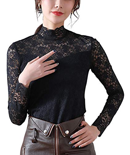 Cheerlife Damen Langarmshirt Elegant Lace Blusen Oberteile Spitze Langarm OL Business Party T-Shirt Tops 2XL Schwarz von Cheerlifee