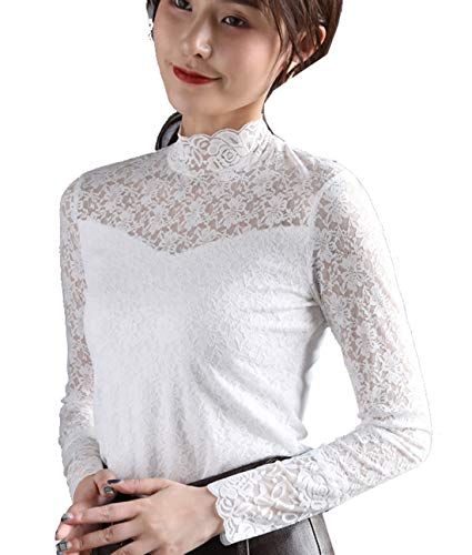 Cheerlife Damen Langarmshirt Elegant Lace Blusen Oberteile Spitze Langarm OL Business Party T-Shirt Tops S Weiß von Cheerlifee