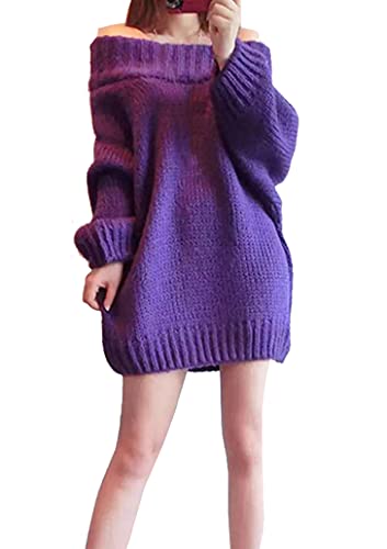 Cheerlife Damen Pullover Jumpsuit Strickpullover Off Shoulder Fledermausärmel Langarm Loose Strick Minikleid Winterkleid Sweatkleid Pulli (Lila, M) von Cheerlifee