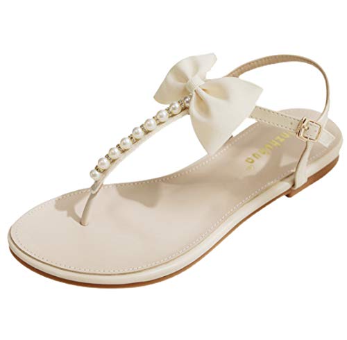 Cheerlife Damen Sandaletten Flache Zehentrenner Sandalen mit Perlen & Strasssteinen Riemchensandalen Party Hochzeit Schuhe (Aprikose, numeric_40) von Cheerlifee